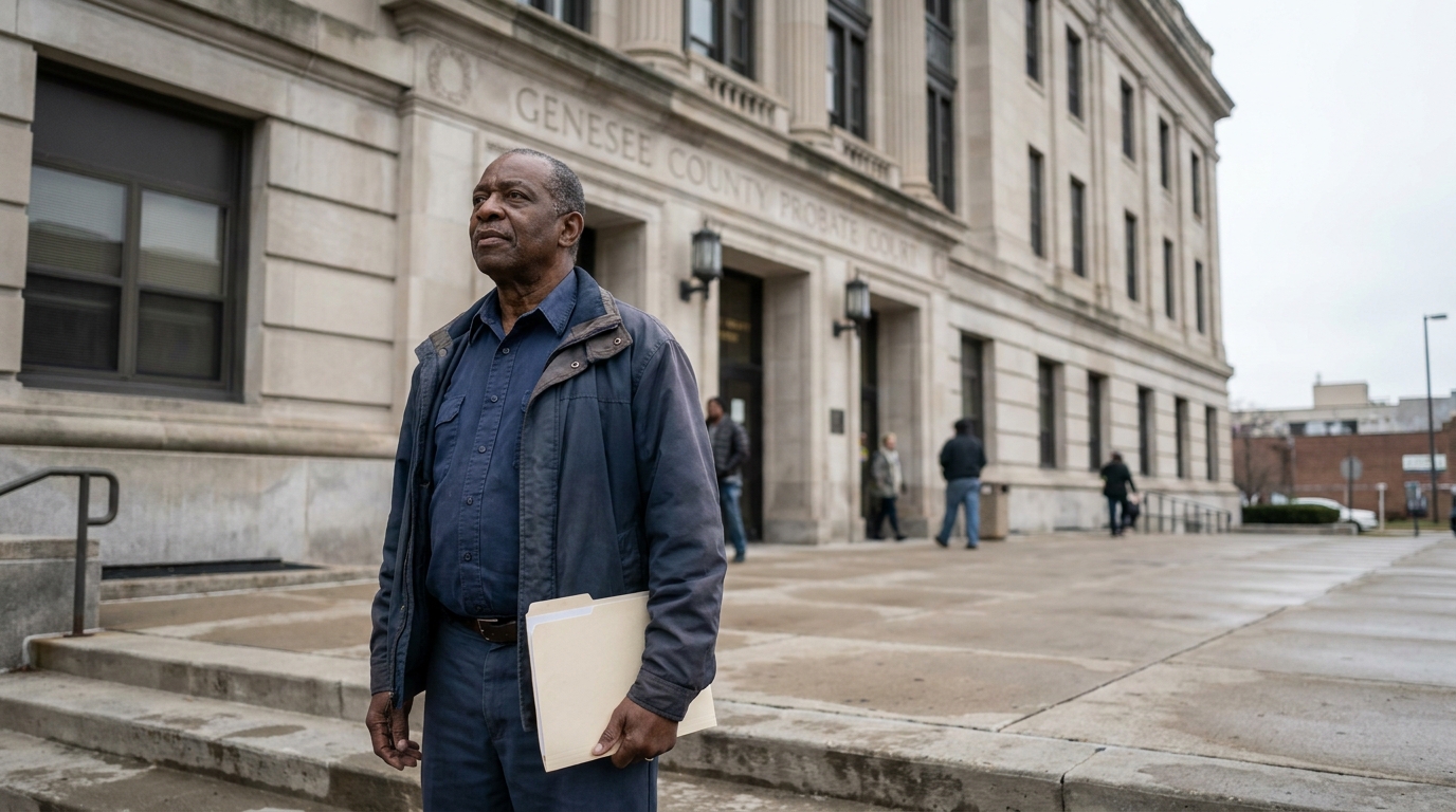 Man With Estate Documents Outside Genesee County Probate Court man holding legal folder standing outside Genesee County Probate Court building