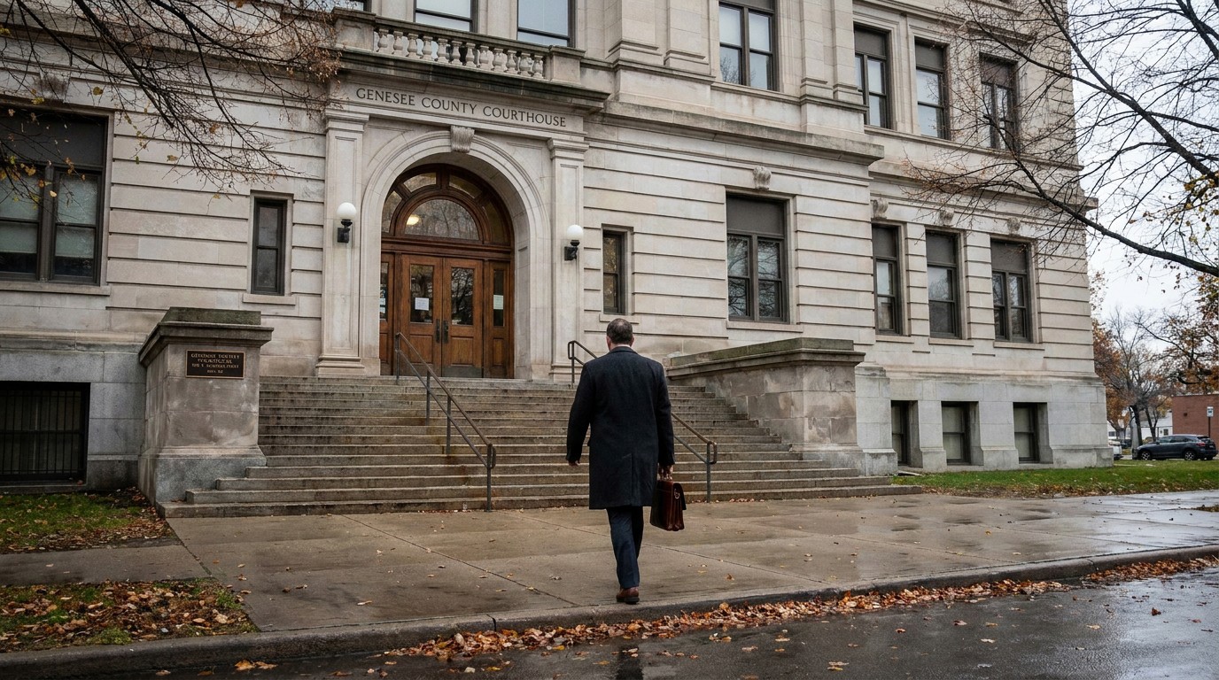 Probate Attorney Entering Genesee County Courthouse Flint Michigan suited professional carrying briefcase walking toward Genesee County Courthouse entrance