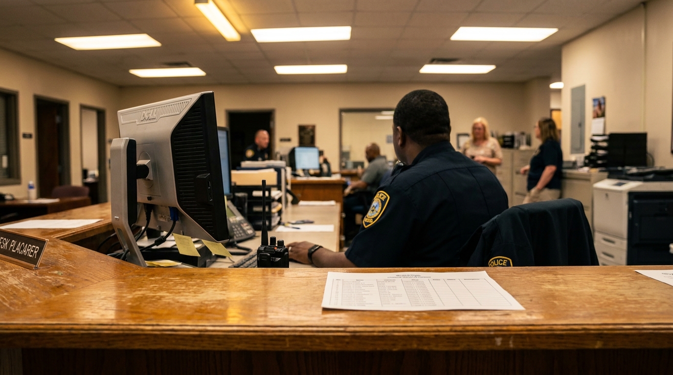 Columbia SC Police Station Desk Officer Minor Accident Report police officer seated at front desk with radio and printed document