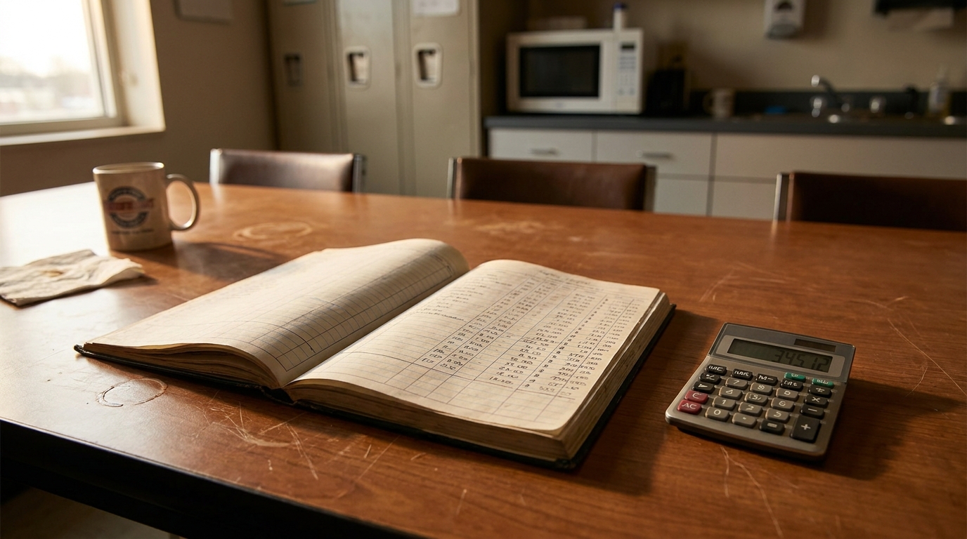 California Overtime Back Pay Calculation Ledger and Calculator open ledger book with handwritten rows and calculator on wooden table