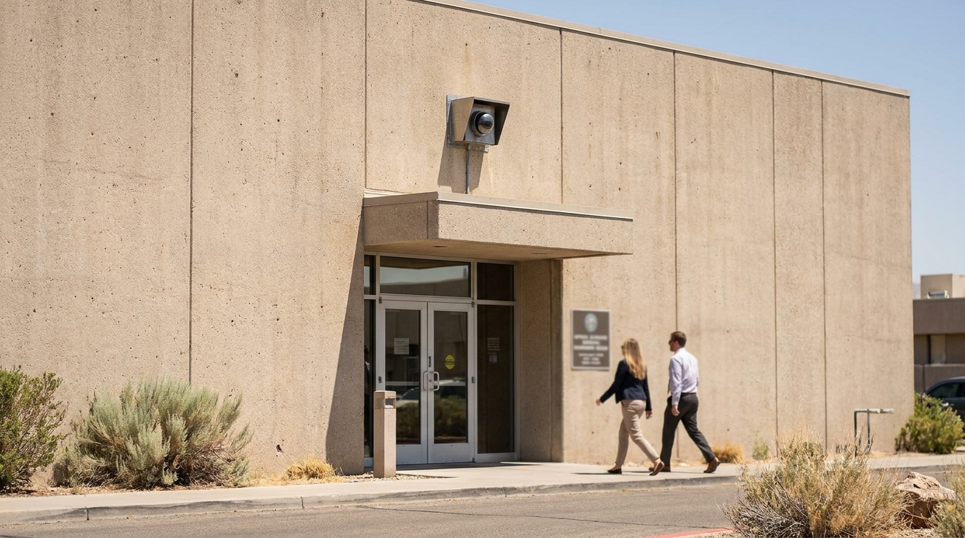 Las Vegas Consumer Fraud Lawyers Entering Courthouse two professionals walking toward government courthouse entrance with security camera