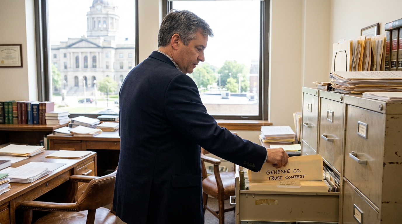 Flint Attorney Reviewing Genesee County Trust Contest Files attorney retrieving Genesee Co. Trust Contest file from office filing cabinet