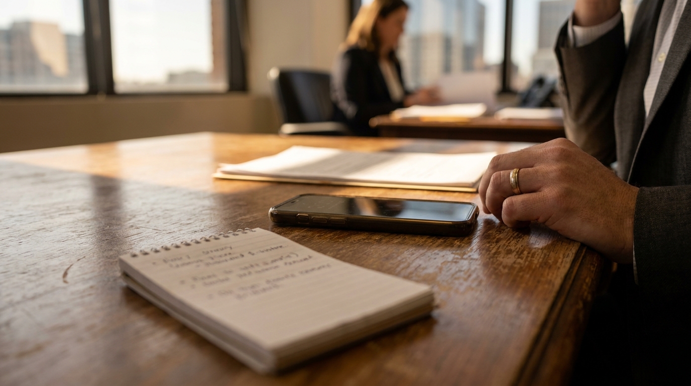 Atlanta Personal Injury Lawyer Meeting With Insurance Adjuster handwritten notepad and smartphone on wooden conference table during legal meeting