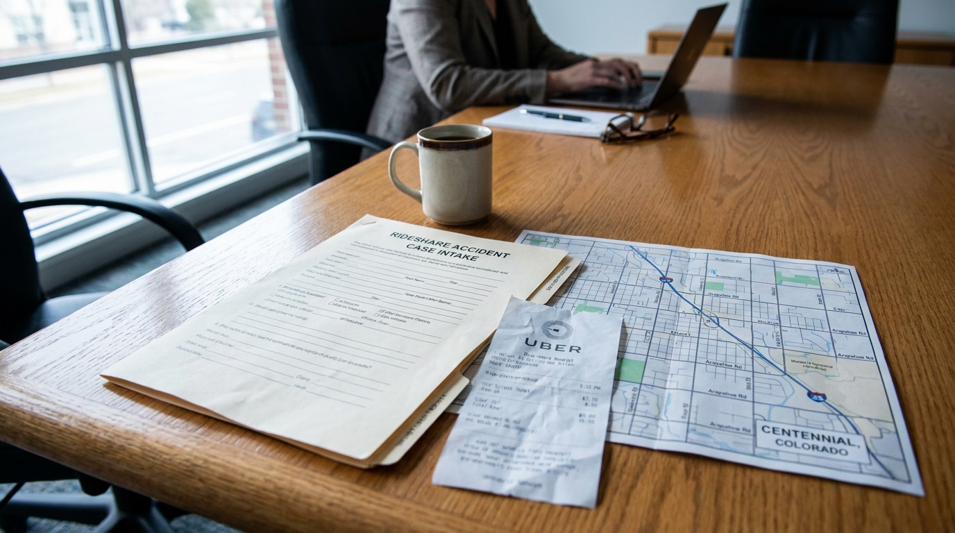 Centennial Colorado Uber Rideshare Accident Case Intake Lawyer Rideshare Accident Case Intake form beside Uber receipt and Centennial Colorado map
