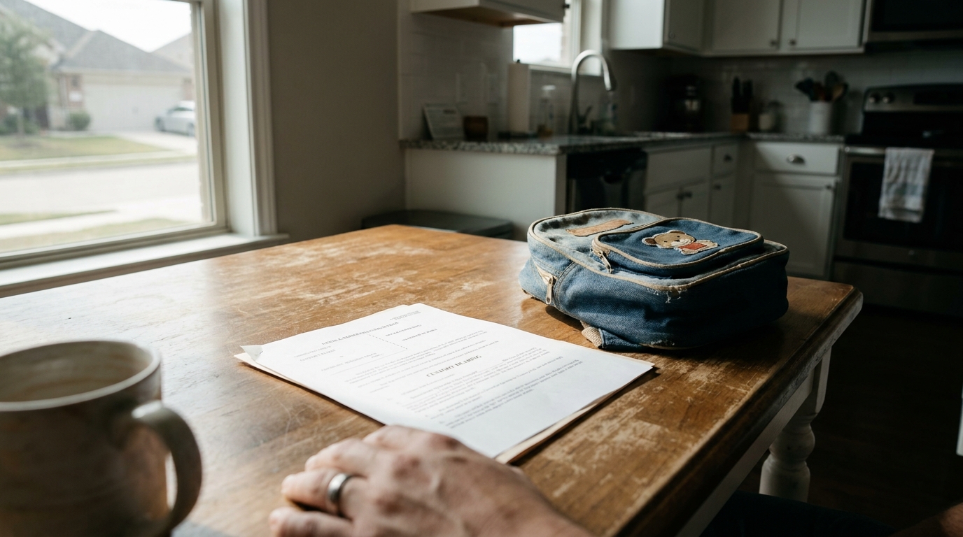 adult hands holding legal document on kitchen table beside child's backpack
