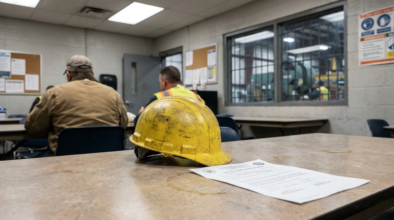 Atlanta Injured Worker Work Restrictions Workers Comp Document construction hard hat and official document on table in industrial workplace break room