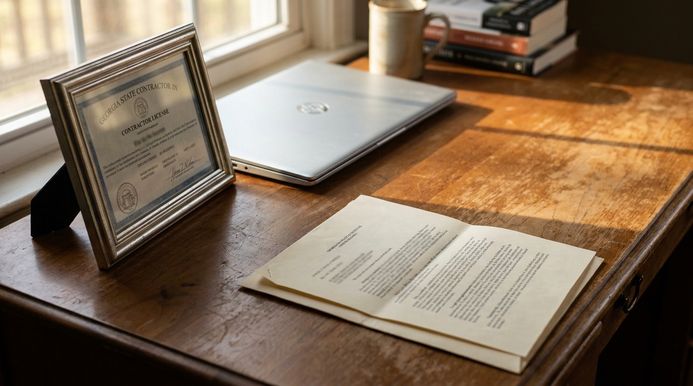Atlanta Independent Contractor License and Workers Comp Documents framed Georgia State Contractor License displayed on wooden desk beside legal documents and laptop
