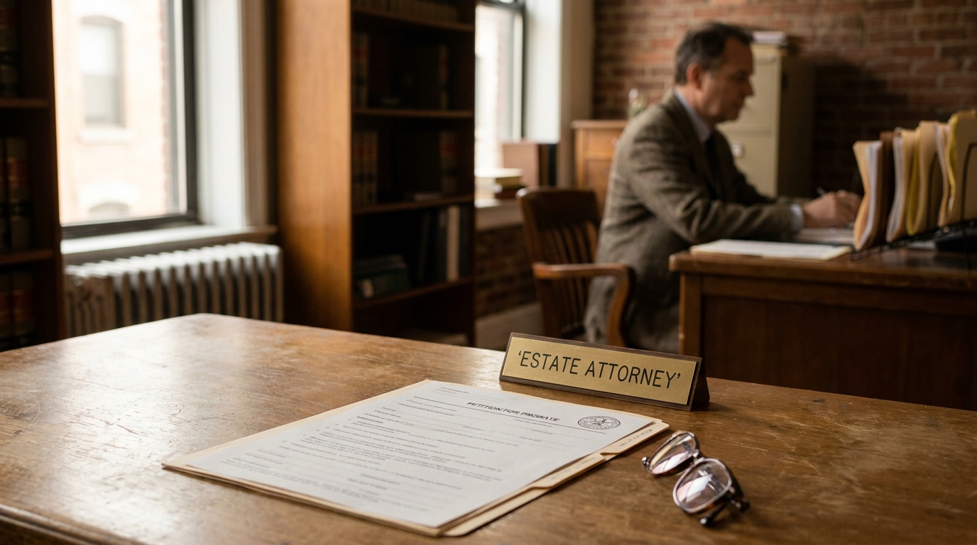 Brooklyn Estate Attorney Reviewing Probate Petition Documents Estate Attorney nameplate beside Petition for Probate document and eyeglasses on desk