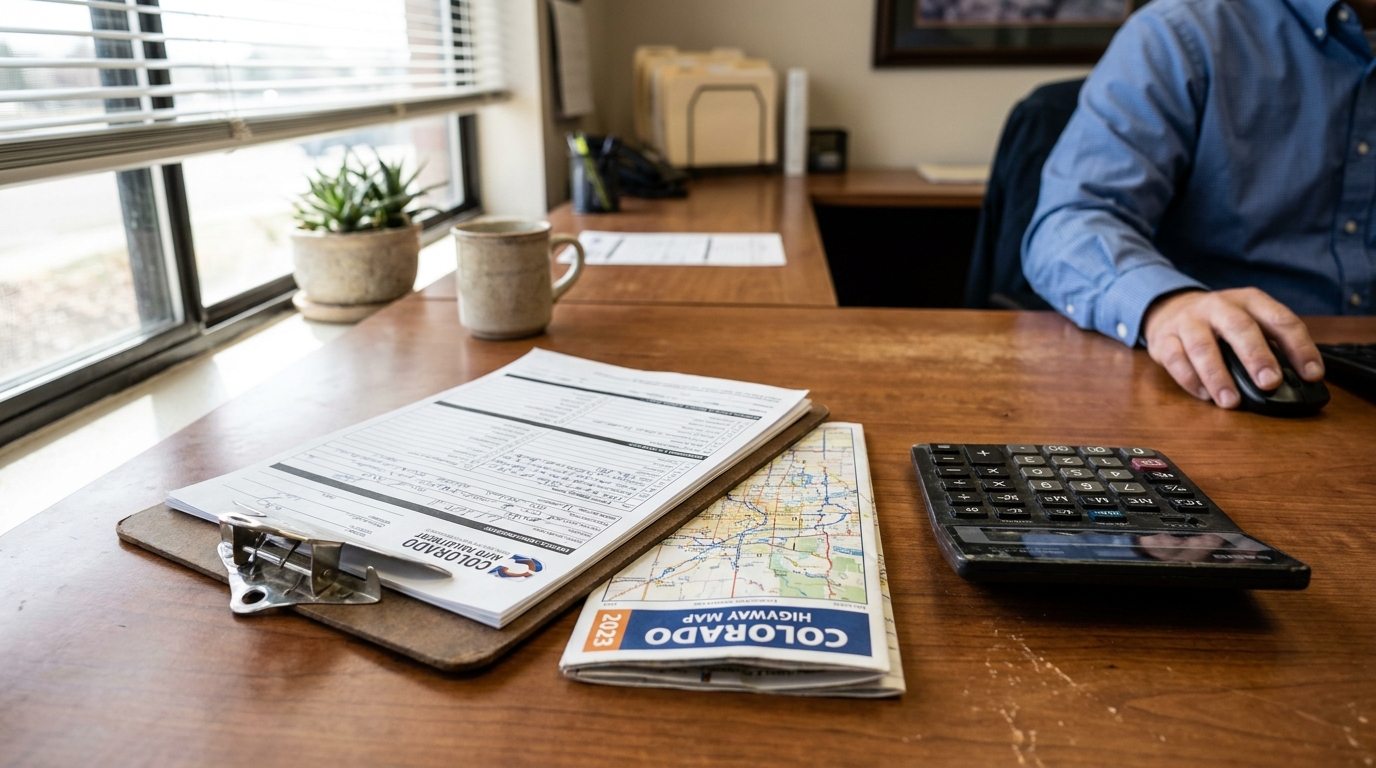 Centennial Colorado Car Accident Fault Claim Review clipboard with forms, 2023 Colorado Highway Map, and calculator on office desk
