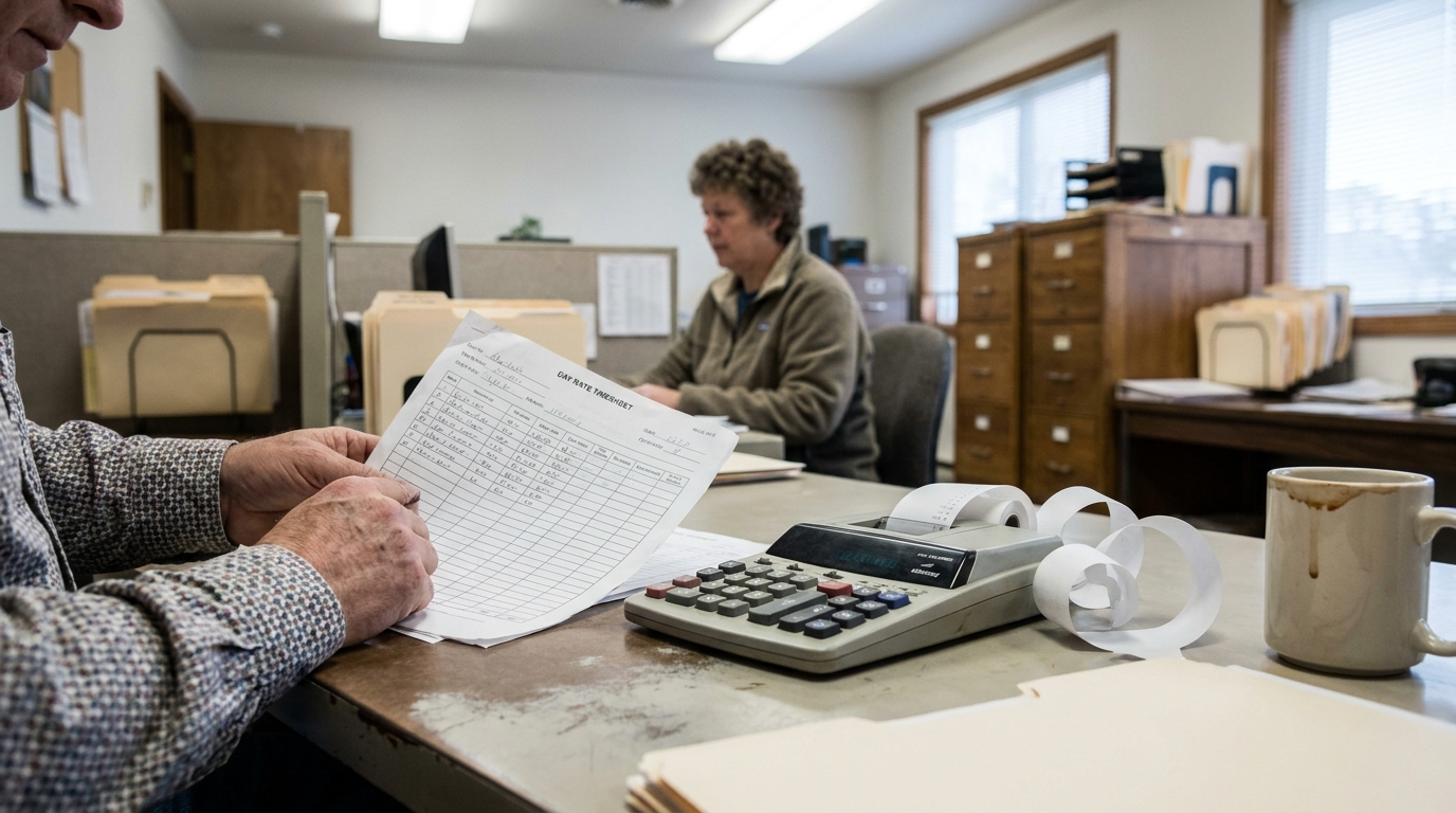 Day Rate Timesheet Overtime Calculation US Office worker reviewing day rate timesheet beside adding machine with paper tape