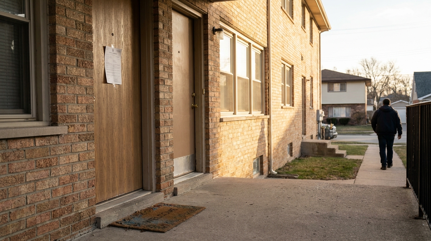 Illinois Tenant Eviction Notice Posted on Apartment Door legal notice posted on residential apartment door with person walking away