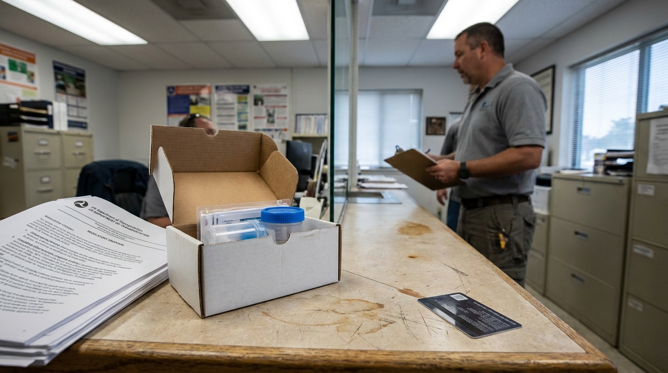 DOT Drug Testing Kit Richland Washington Trucking Office DOT drug test kit and regulatory documents on workplace counter with official reviewing clipboard