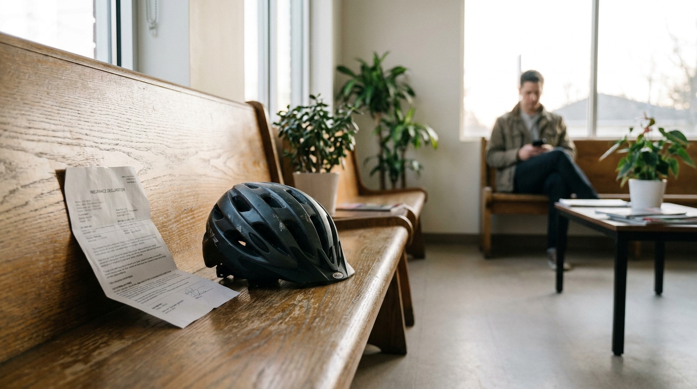 Centennial Cyclist Insurance Claim Waiting Room bicycle helmet and insurance declaration document on bench in law office waiting room