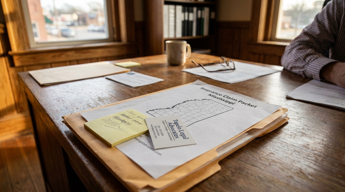 Tupelo Mississippi Insurance Claim Packet Truck Accident Lawyer Insurance Claim Packet Mississippi folder on desk with Tupelo Legal Advocates business card
