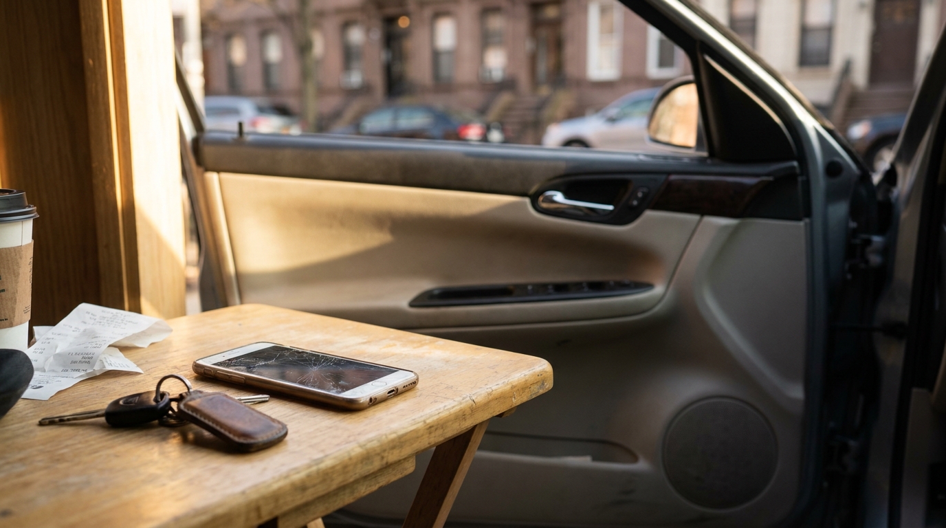 Cracked Phone and Car Keys After New York Distracted Driving Accident cracked smartphone and car keys on table beside open vehicle door