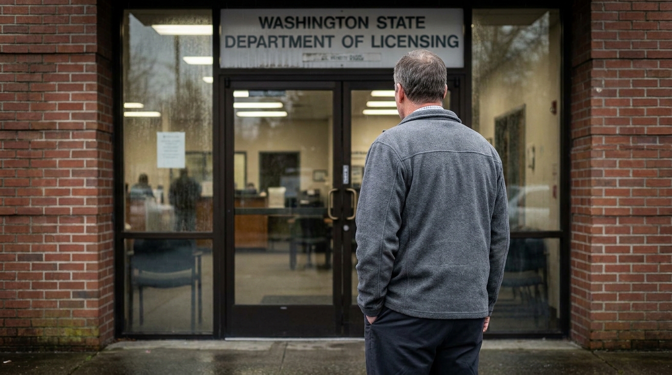 Man Outside Washington State Department of Licensing Richland man standing outside Washington State Department of Licensing entrance doors