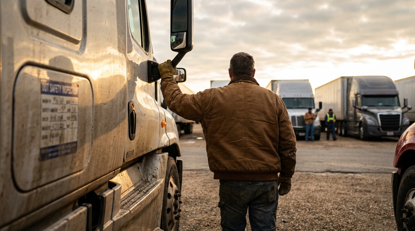 Commercial Truck Driver DOT Safety Inspection Jackson Mississippi truck driver gripping side mirror of semi-truck with DOT safety inspection sticker visible