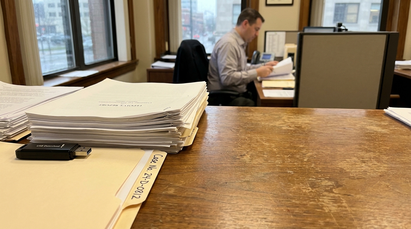 Dayton Truck Accident Lawyer Reviewing Black Box Evidence Case No. 24-D-0812 folder and stacked legal documents on attorney's desk