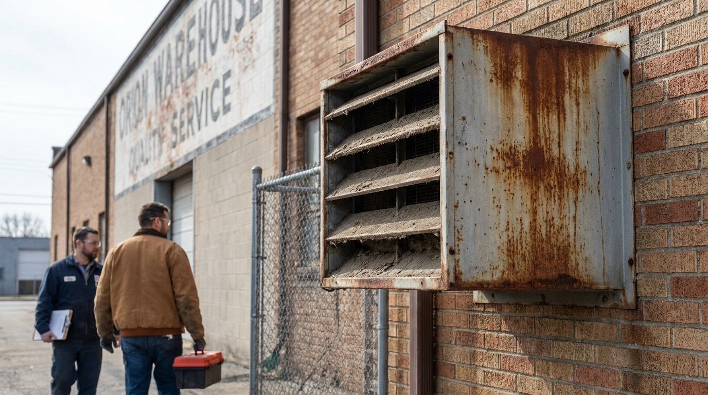 heavily corroded industrial vent on warehouse exterior wall with two workers nearby