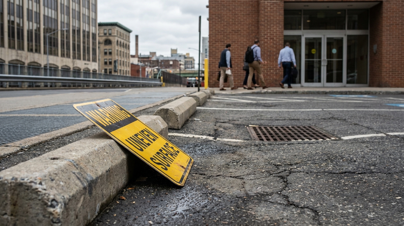 New York Parking Lot Uneven Surface Slip and Fall Hazard fallen Warning Uneven Surface sign leaning against curb near cracked pavement