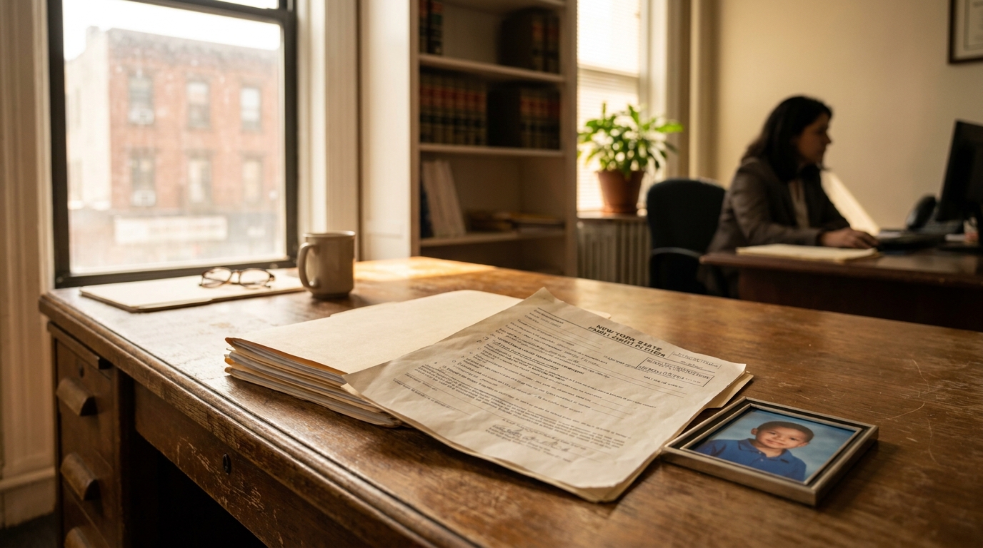 Brooklyn Child Custody Attorney Office With Court Documents New York State Family Court petition documents and child photo on law office desk