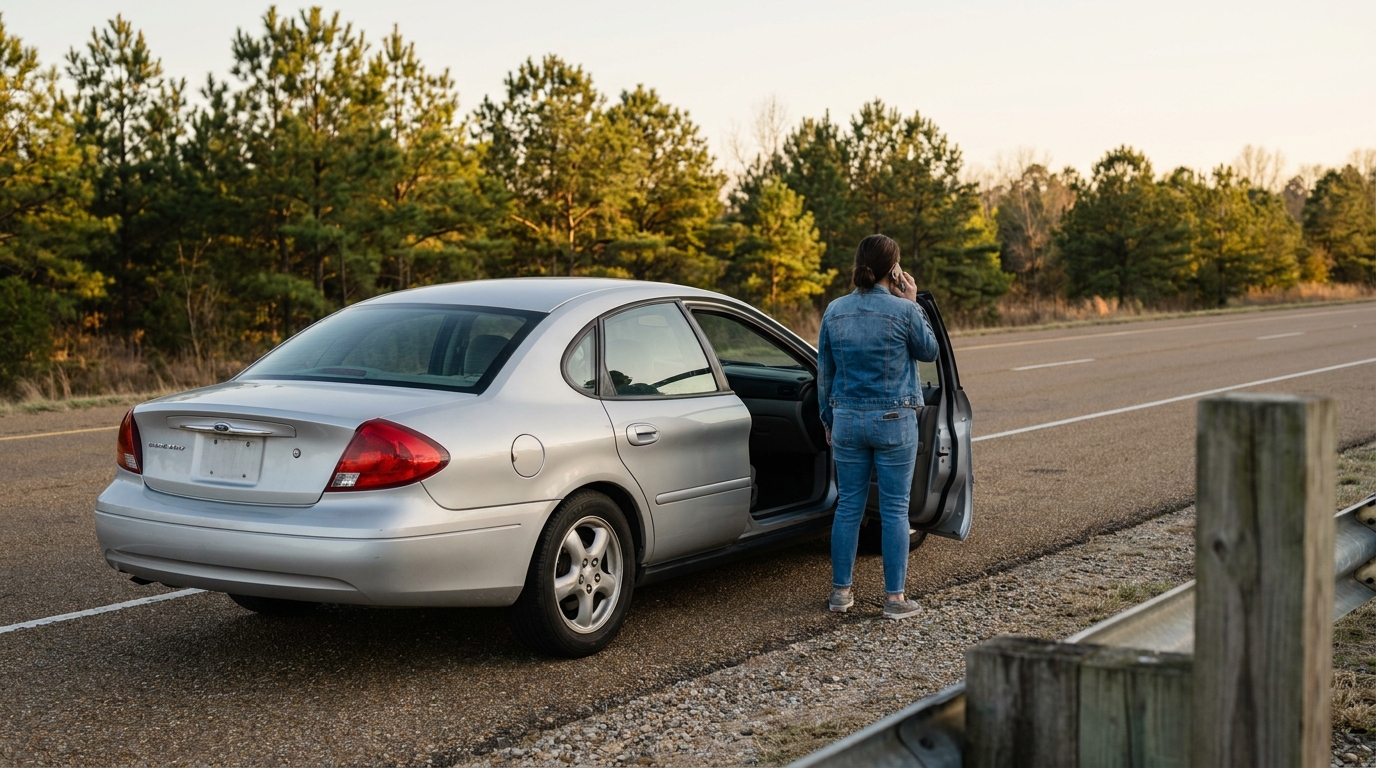 woman standing beside open car door on roadside talking on phone