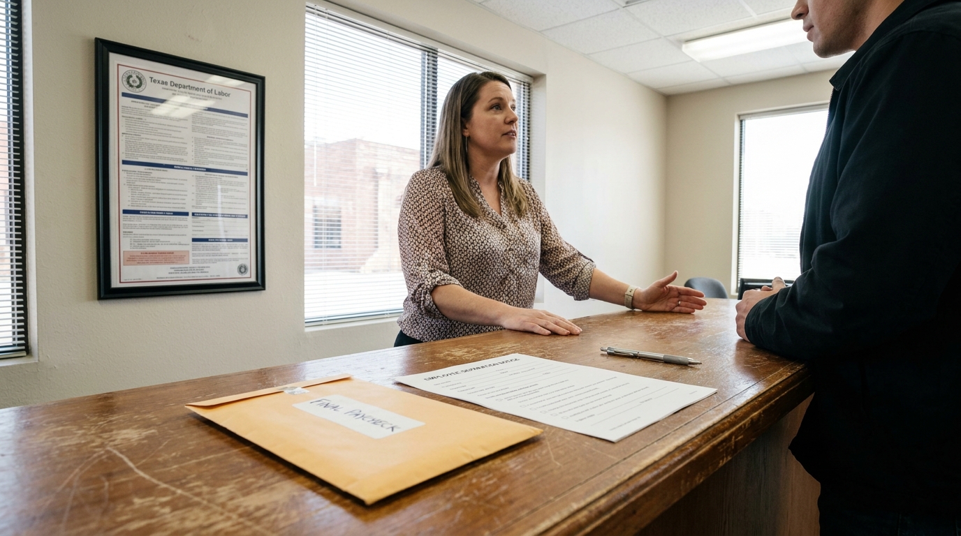 Texas Employee Receiving Late Final Paycheck at HR Office HR manager presenting final paycheck envelope and employee separation notice at desk