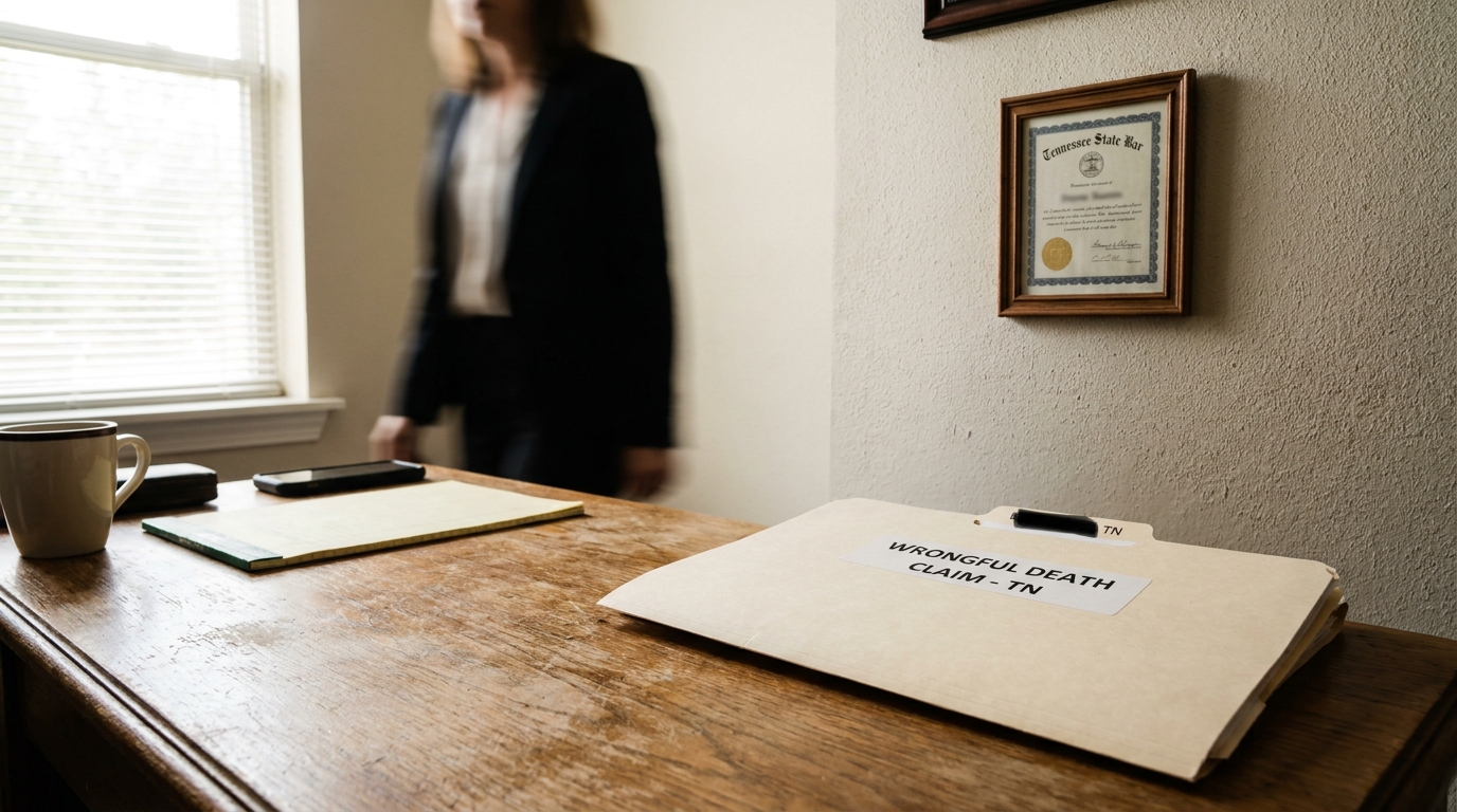 Memphis Attorney Wrongful Death Claim Tennessee Law Office Wrongful Death Claim TN folder on desk beside Tennessee State Bar certificate