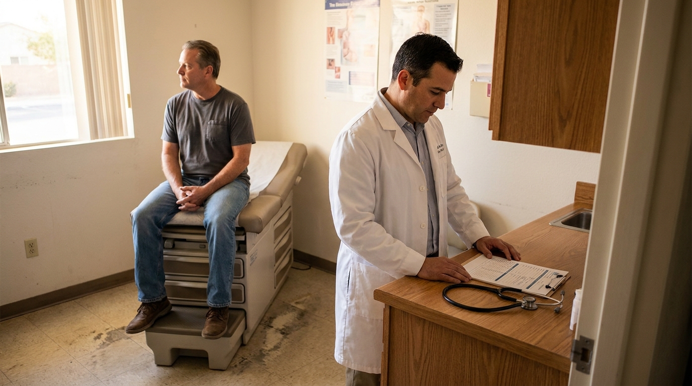 Henderson Car Accident Victim Medical Exam After Injury physician in lab coat reviewing clipboard with stethoscope beside seated male patient