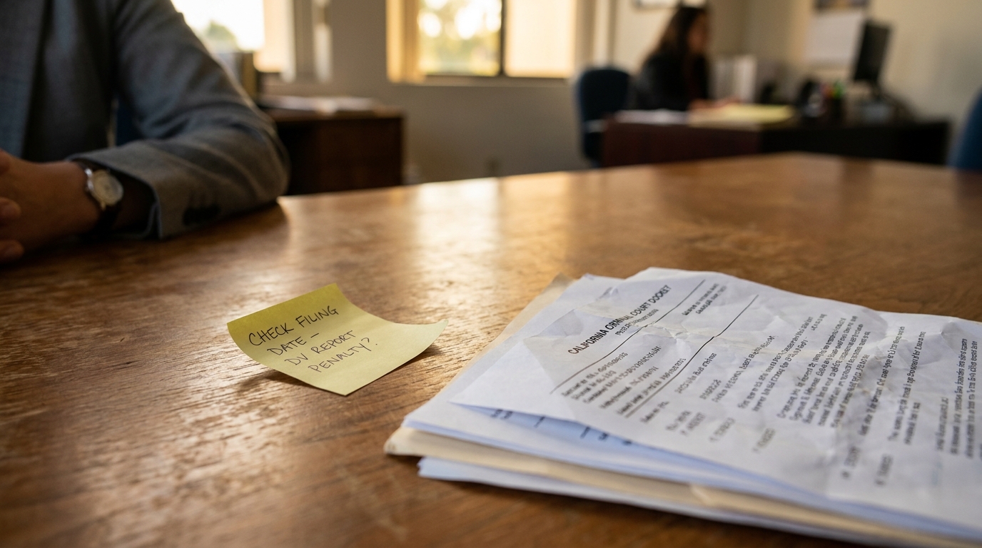 Sacramento False DV Report Penalty California Criminal Court Documents sticky note reading Check Filing Date DV Report Penalty beside California Criminal Court Docket documents on desk
