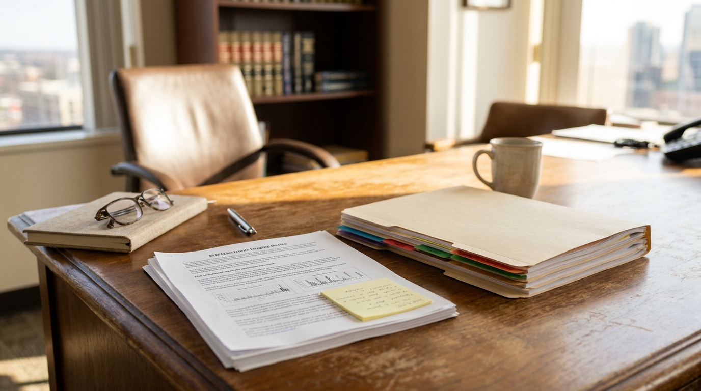 ELD Violation Documents Centennial Truck Accident Lawyer Desk attorney desk with ELD document, tabbed case folders, sticky note, and law books