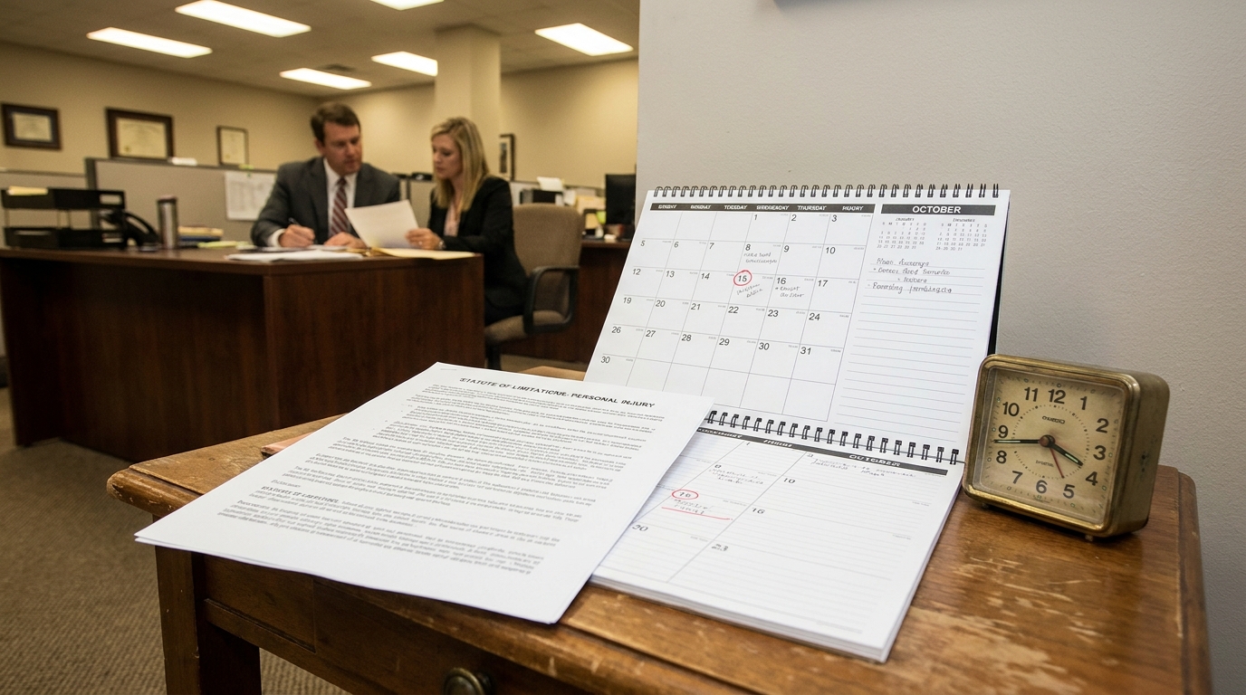 Jackson MS Personal Injury Statute of Limitations Discovery Rule Deadline Statute of Limitations Personal Injury document beside October calendar and clock in law office