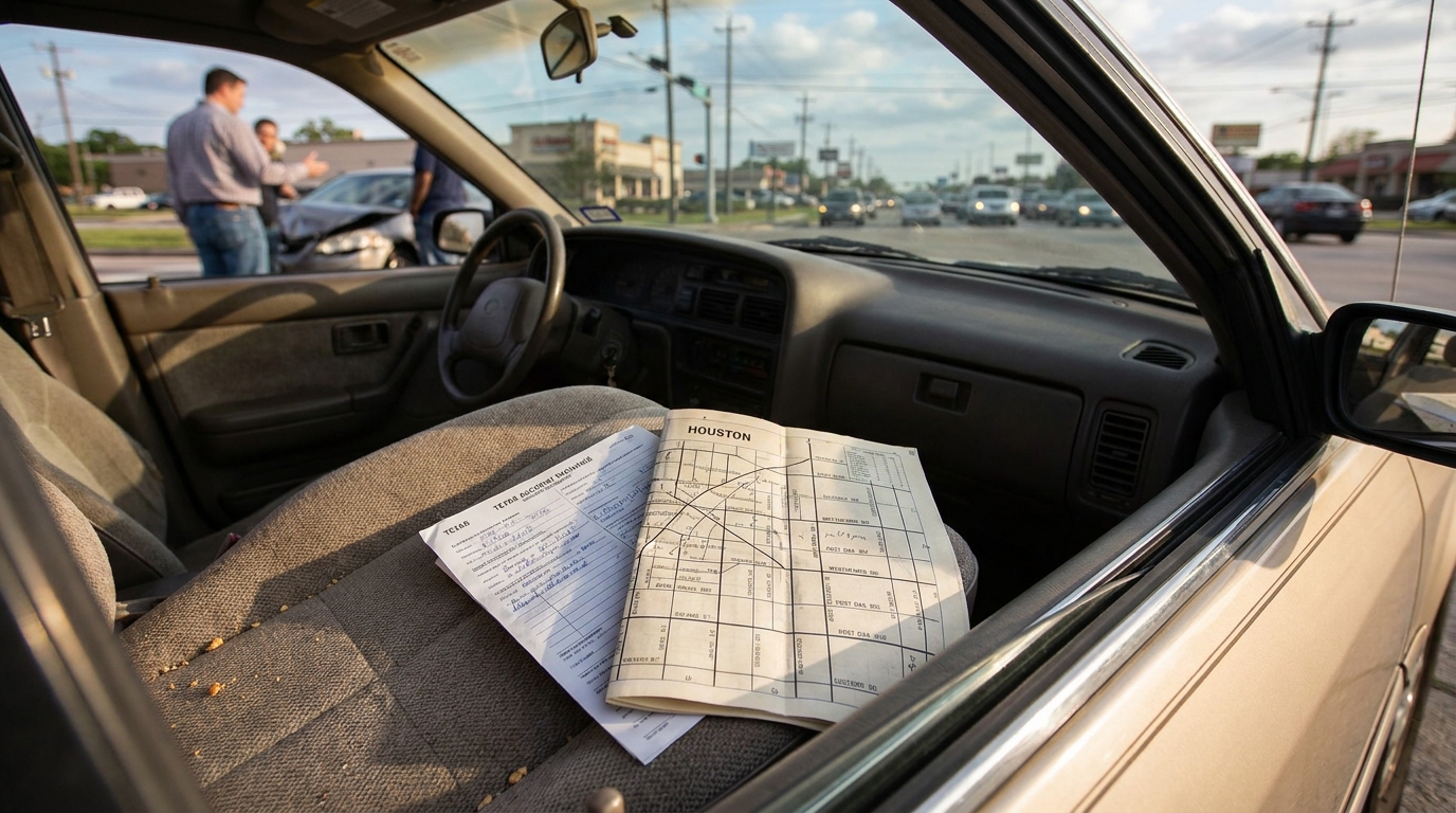 Houston T-Bone Accident Report and Intersection Crash Scene insurance form and Houston map on car seat with collision scene in background