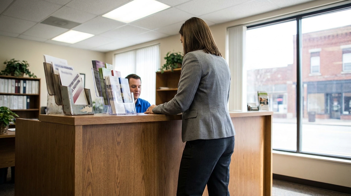 professional woman standing at law office reception desk with brochure display