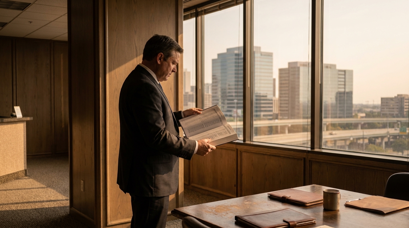 Houston Truck Accident Attorney Reviewing Trucking Negligence Case suited attorney standing by office window reviewing open legal document