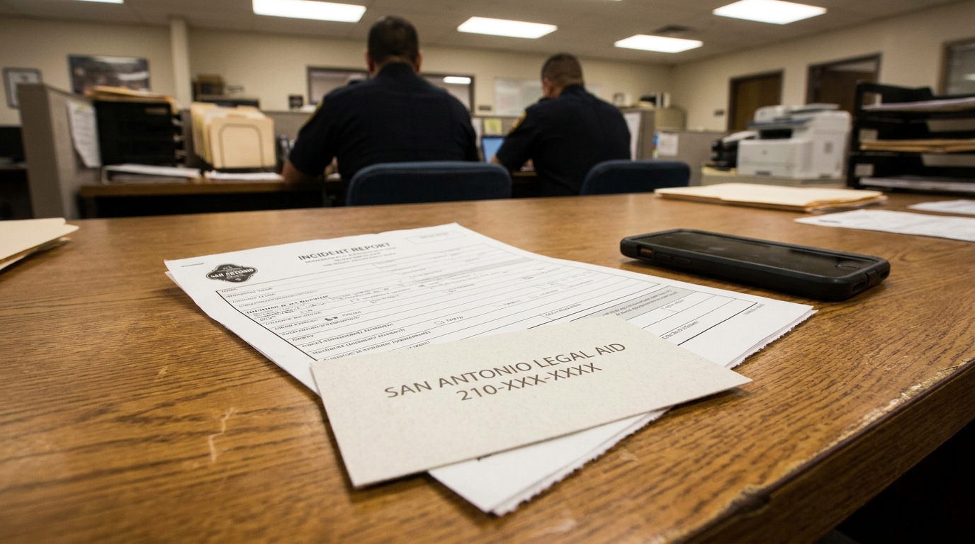 San Antonio Police Incident Report Fatal Accident Wrongful Death Claim San Antonio Legal Aid card atop incident report on police department desk