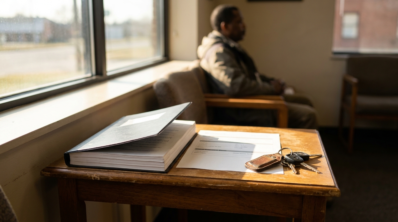 Dayton Car Accident Claim Documents and Keys man seated in waiting room beside table with documents and car keys