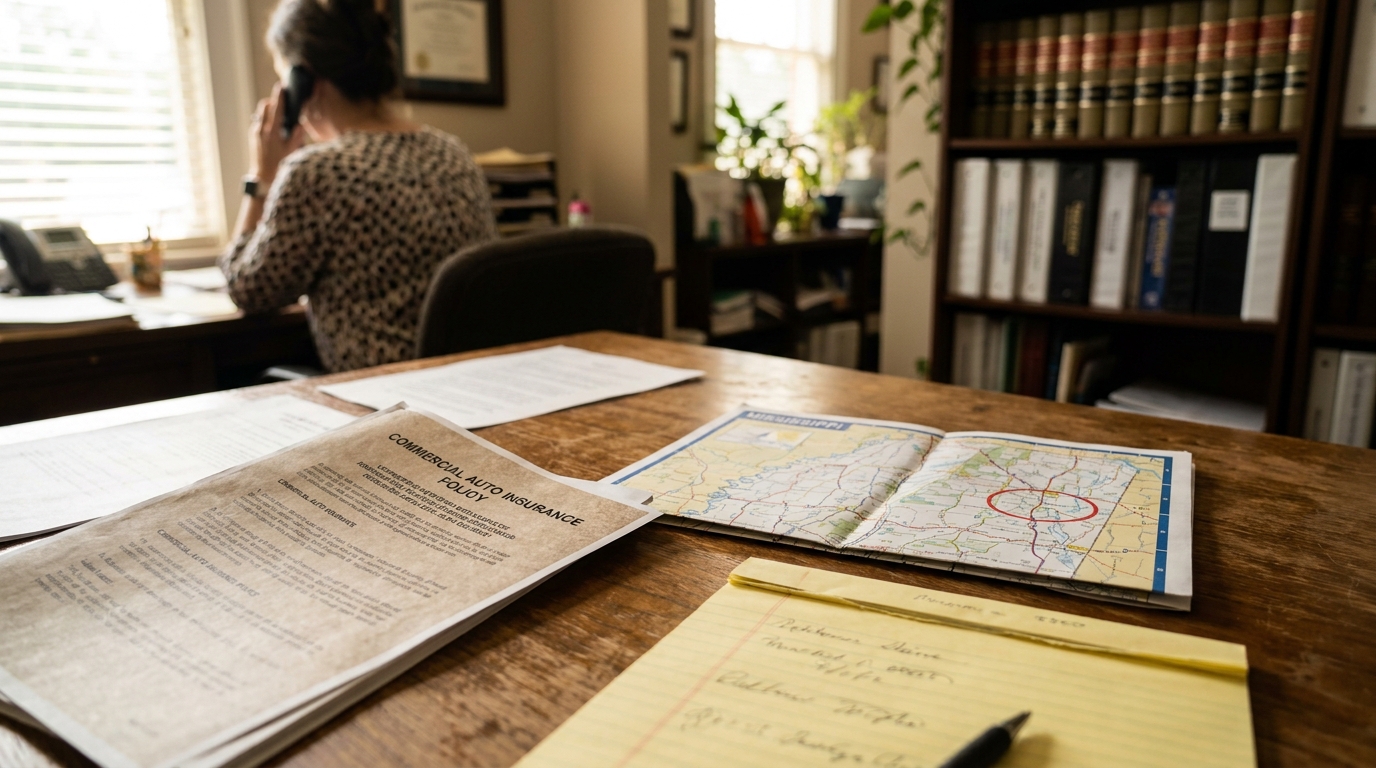 Commercial auto insurance policy document and Mississippi map on law office desk