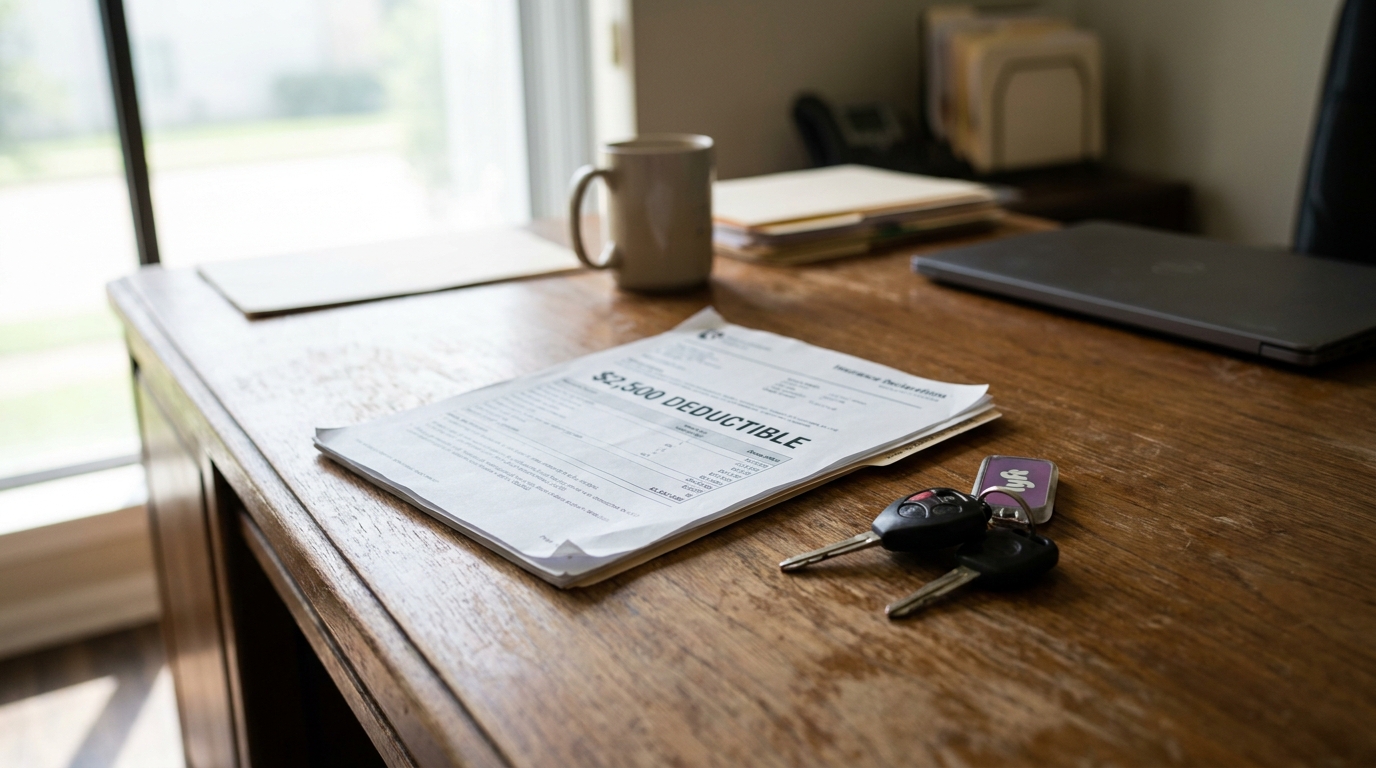 Lyft $2500 Deductible Insurance Document Houston Claim insurance declarations document showing $2,500 deductible beside car keys on wooden desk