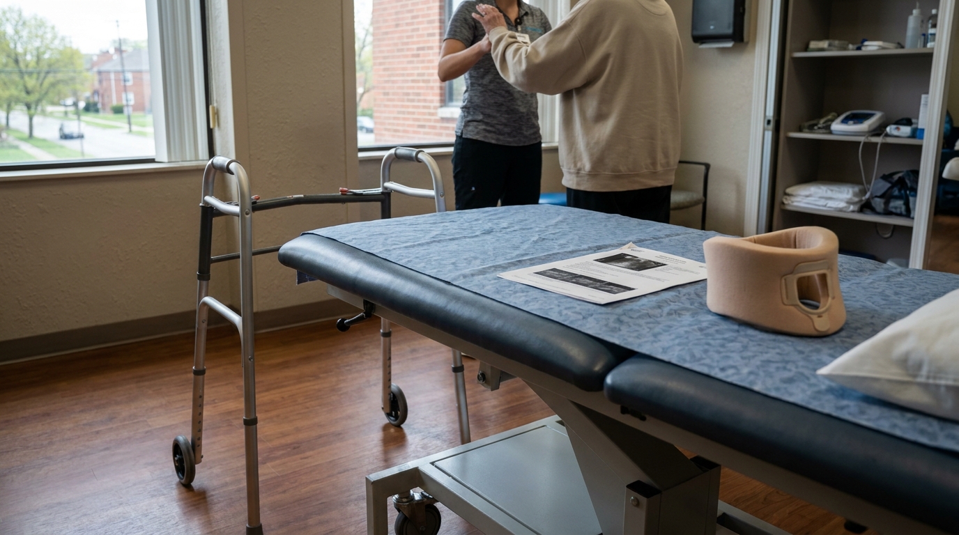 medical exam table with neck brace, walker, and two people consulting
