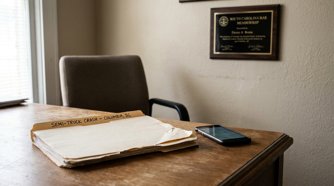 Semi-Truck Crash Case File Columbia SC Attorney Office Semi-Truck Crash Columbia SC case folder on attorney desk with South Carolina Bar Membership plaque