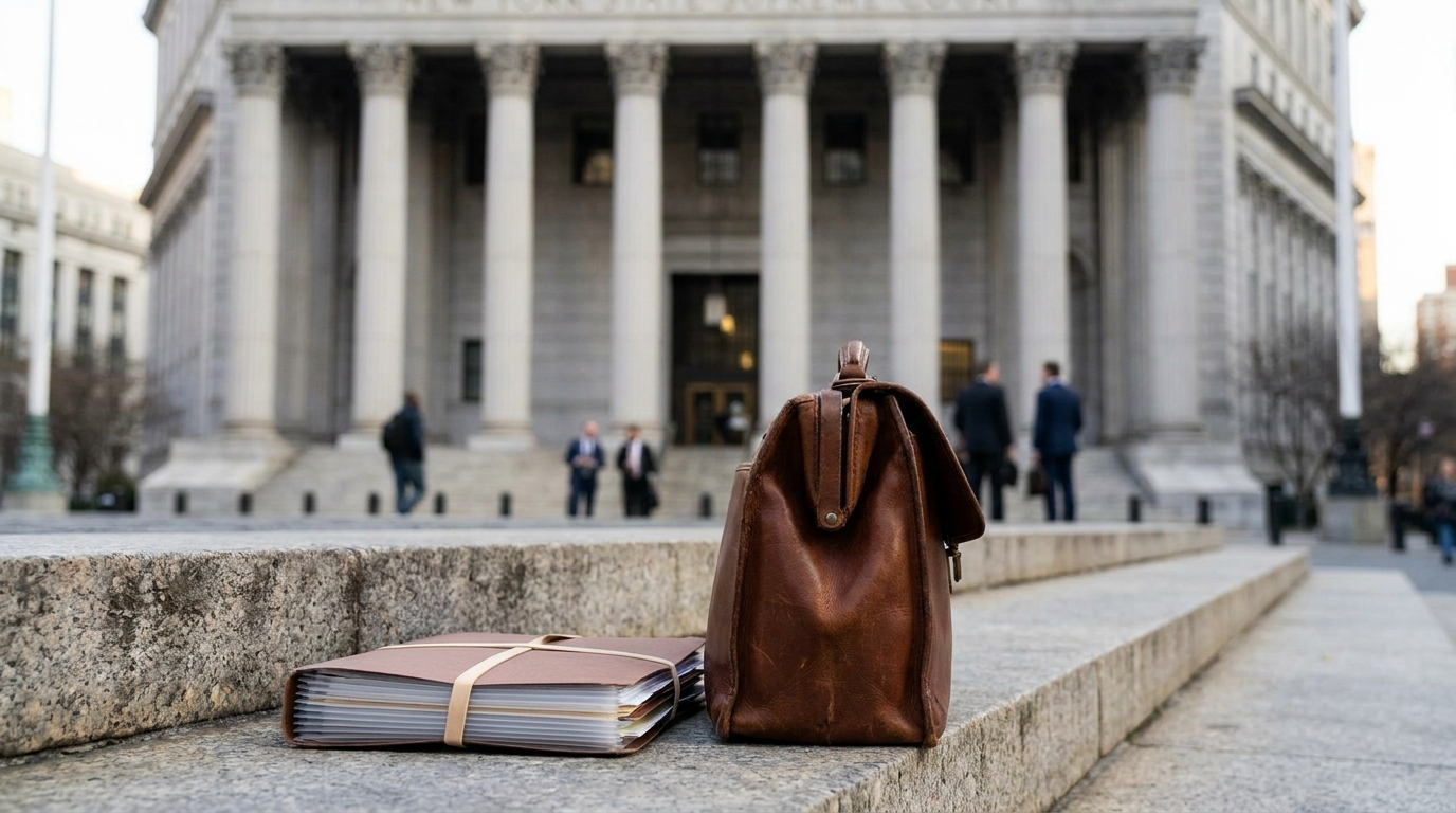 Contested Divorce Attorney Briefcase Outside New York Courthouse leather briefcase and bound legal documents on courthouse steps with columns
