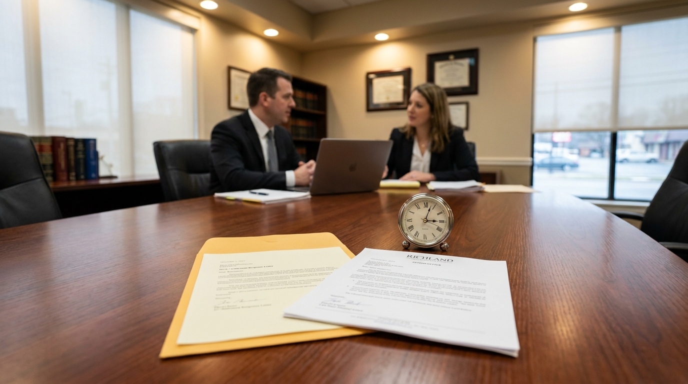 Richland letterhead document and clock on conference table with two attorneys meeting