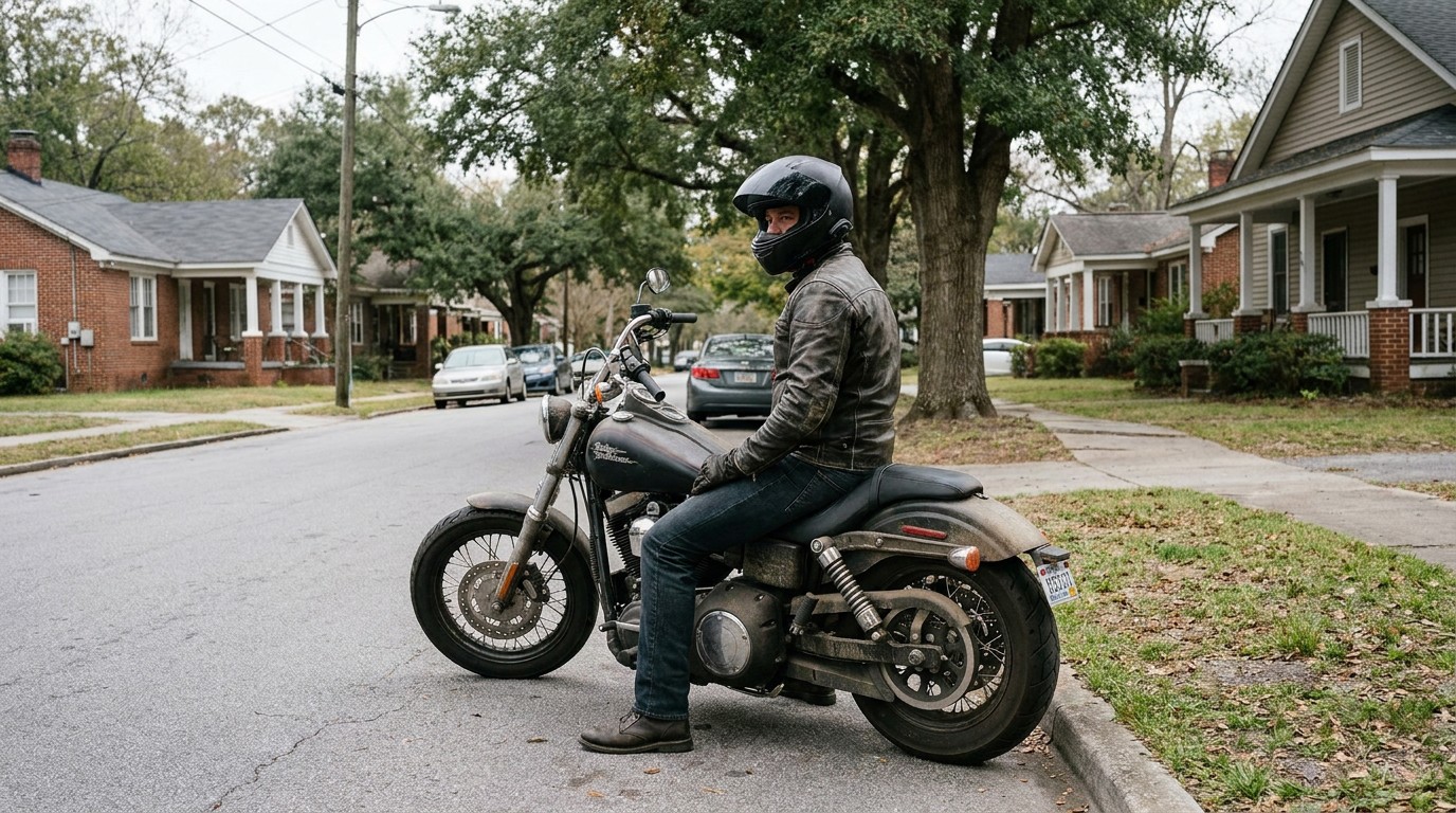 Motorcyclist Riding Through Columbia SC Neighborhood helmeted motorcyclist seated on Harley-Davidson motorcycle on residential street