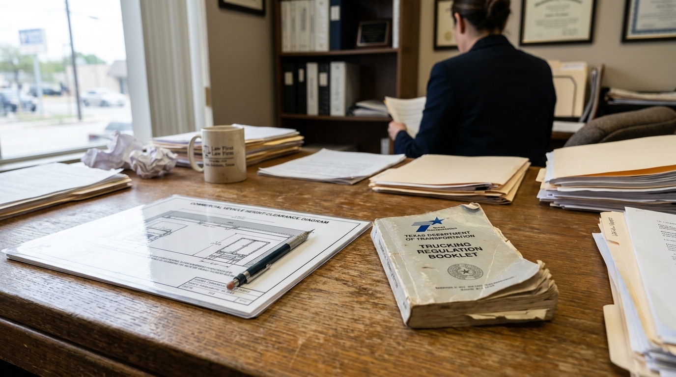 San Antonio Underride Truck Accident Lawyer Reviewing Case Files Texas Department of Transportation Trucking Regulation Booklet on attorney's desk with case files