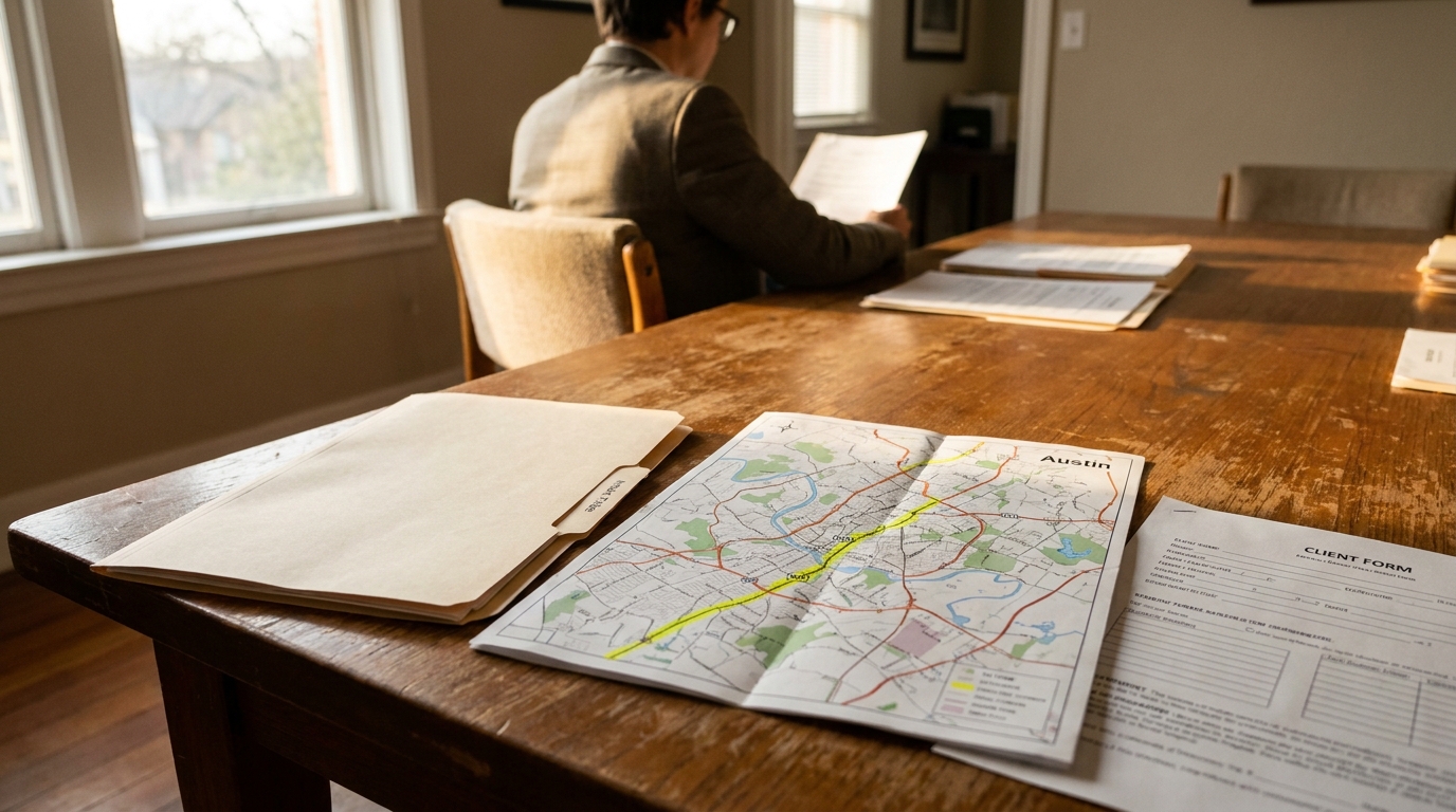 Austin TX Injury Claim Client Form and Map Austin map, client form, and legal folder on wooden table with person reviewing documents