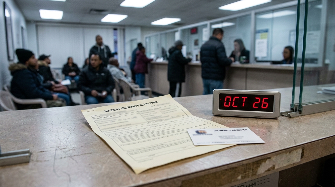 Brooklyn No-Fault Insurance Claim Form Filing Deadline No-Fault Insurance Claim Form on counter at busy insurance adjuster office