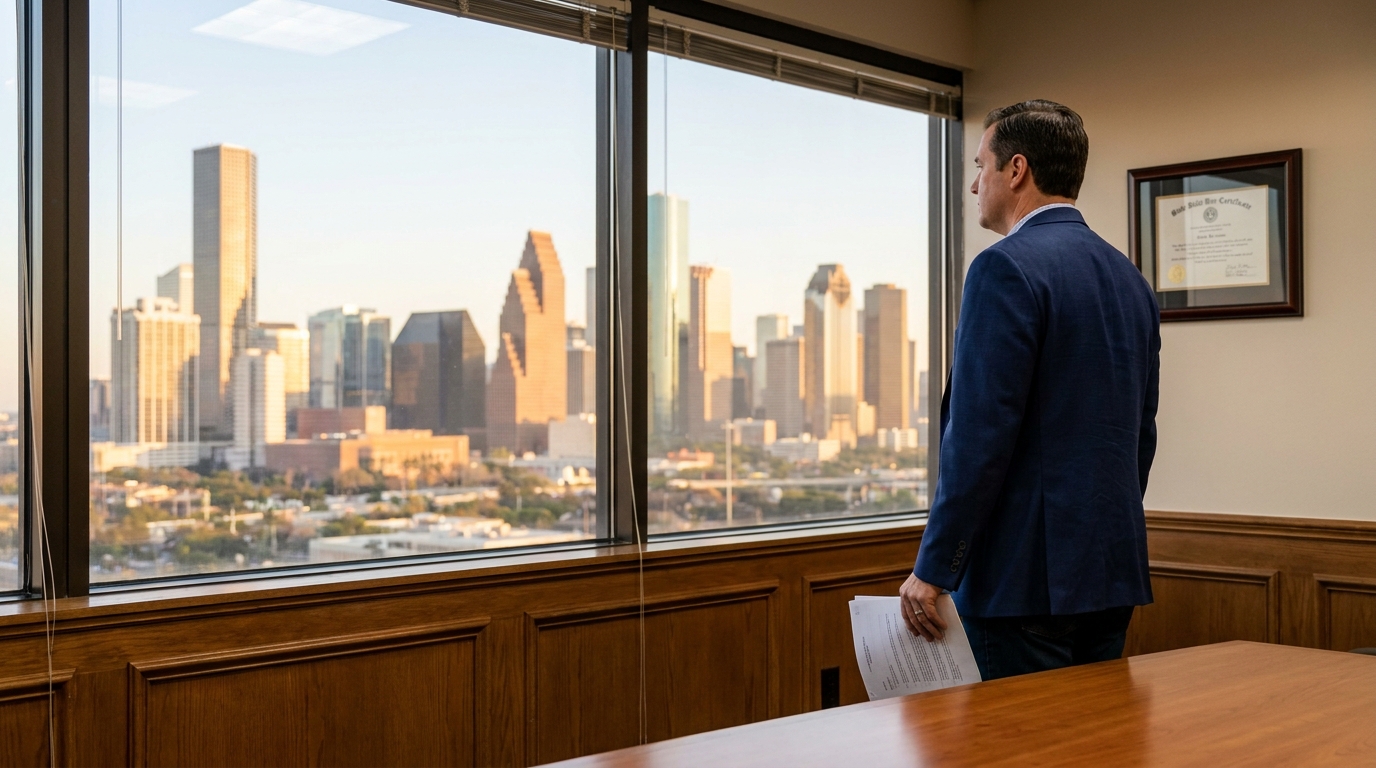 attorney holding documents standing in office overlooking city skyline with framed bar certificate