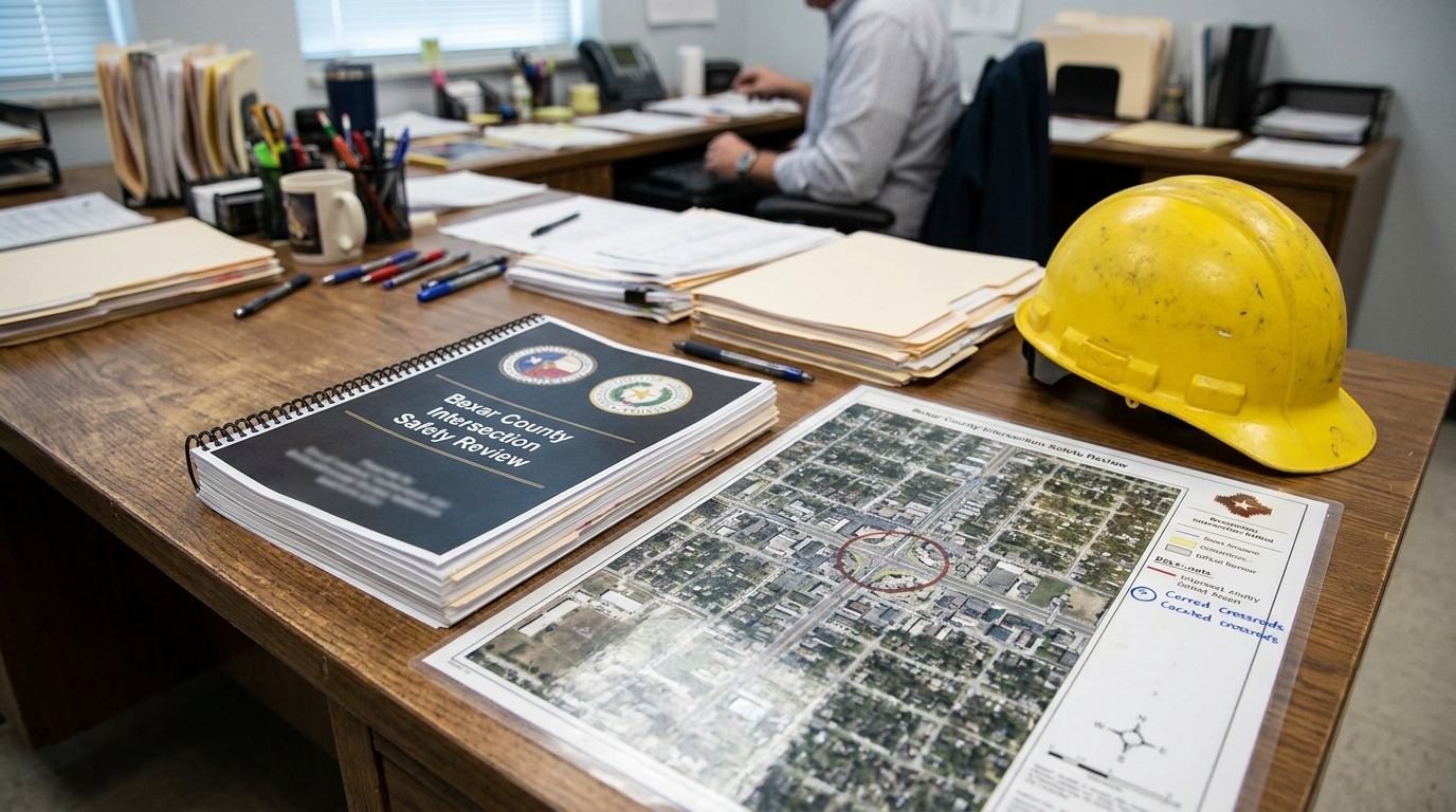 Bexar County Intersection Safety Review Report San Antonio Bexar County Intersection Safety Review report, aerial map, and hard hat on desk