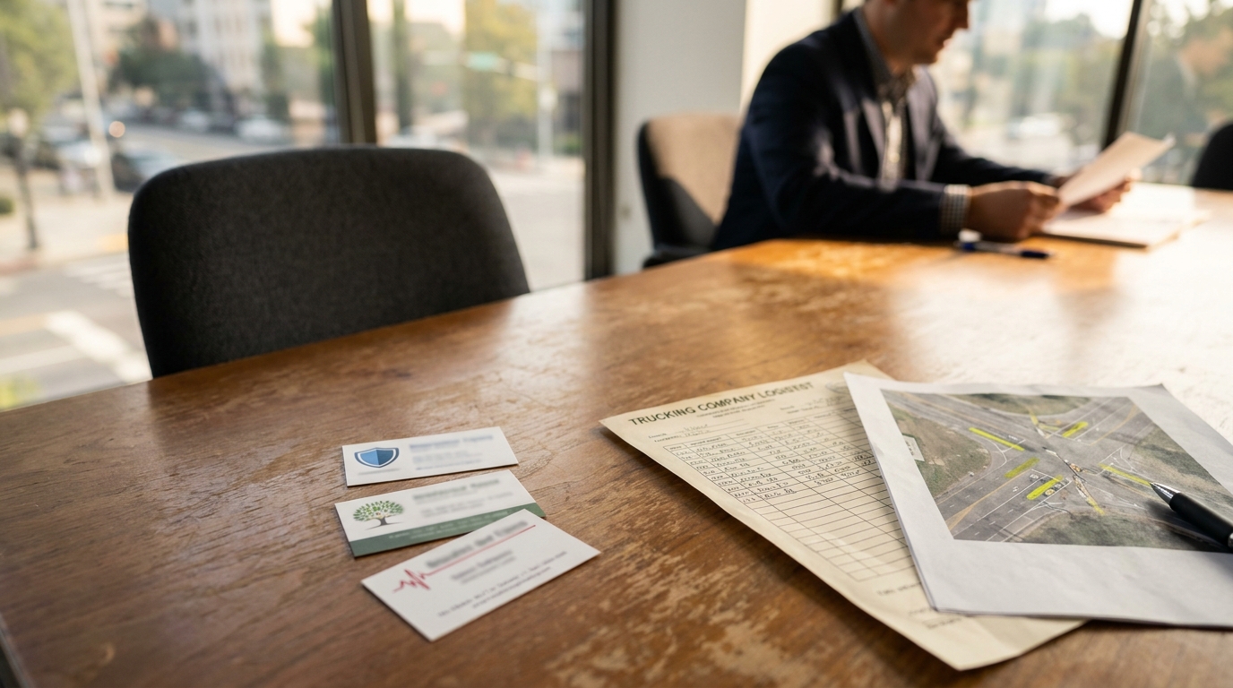 San Antonio Truck Accident Lawyer Reviewing Multiple Liable Parties Trucking company logsheet, aerial map, and business cards on conference table